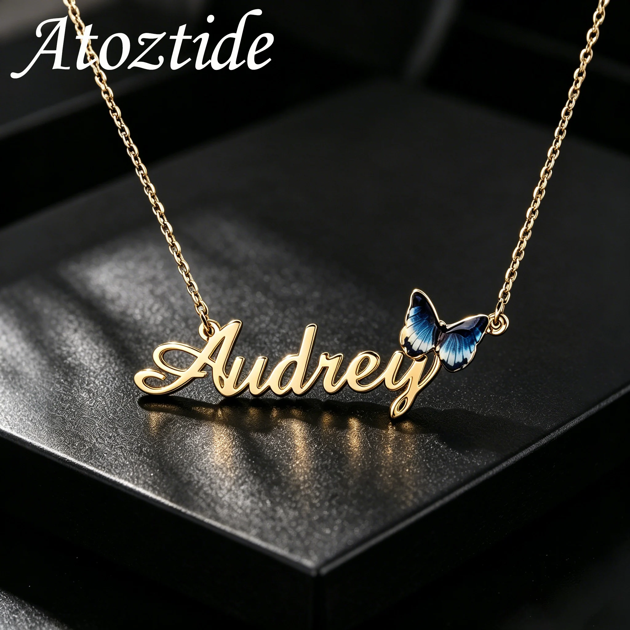 Atoztide-collar con nombre personalizado para mujer, joyería de acero inoxidable con mariposa colorida impresa, cadena tipo gargantilla, regalo de cumpleaños personalizado