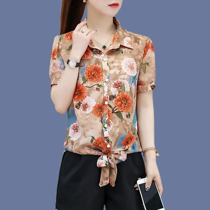 Stylish Bandage Bow Shirt Vintage Broken Flowers Printed Summer Turn-down Collar Female Clothing Single-breasted Straight Blouse