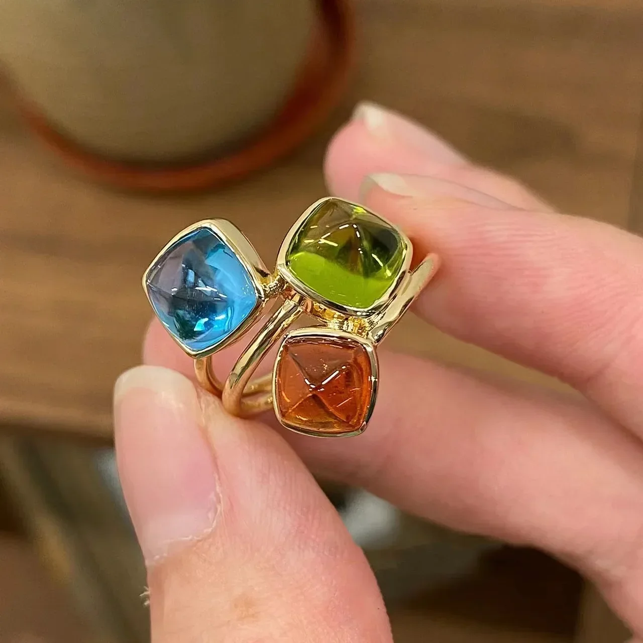 Tri color small sugar ring female niche design high-end candy color imitation natural crystal double layer open adjustable ring