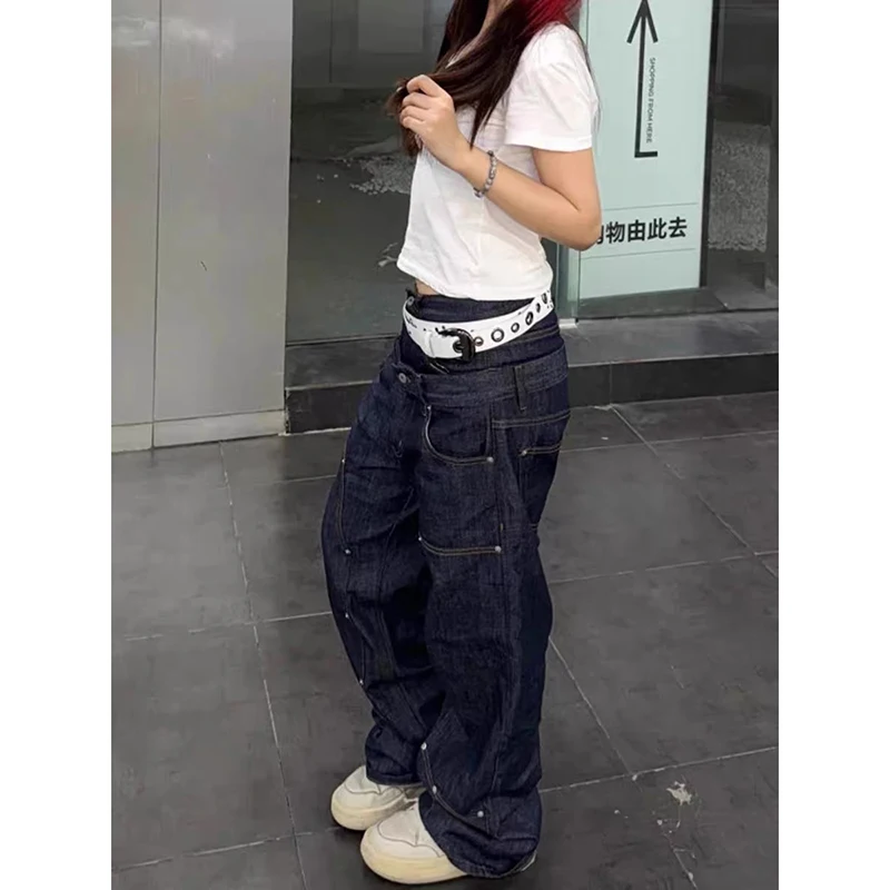 ZHIZOU Vrouwen Donkerblauw Gothic Baggy Y2k Jeans Amerikaanse jaren 2000 Stijl Jean Broek Vintage Harajuku Oversize Denim Broek Herfst