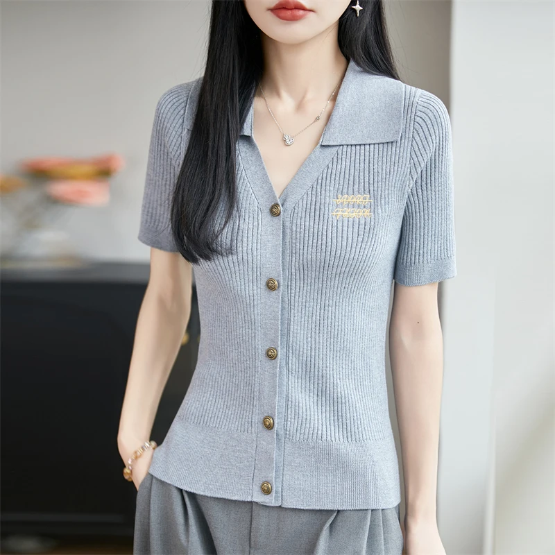 Women's POLO collar T-shirt summer new wool knitted short sleeved casual letter shirt women's clothes V-neck pullover loose top