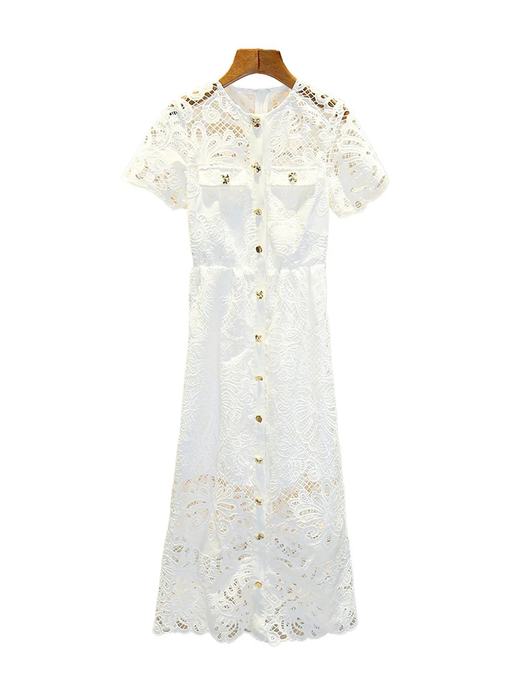 Ele longue dentelle Dr femmes taille haute évider Design été Faion trajet Sle a-ligne jupe ort Sve rond Ne