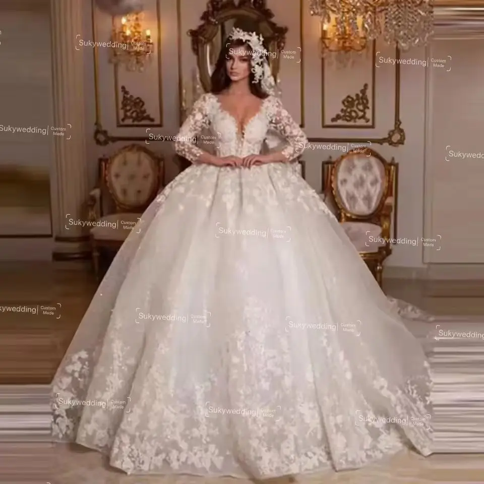 Princess Ball Gown Wedding Dresses Long Sleeve V neck Luxury Applique Sequins Beads Dubai  Bridal Gown Outfit Customized