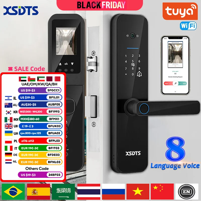 XSDTS Tuya Wifi Digital Electronic Smart Door Lock With Biometric Camera Fingerprint Smart Card Password Key Unlock