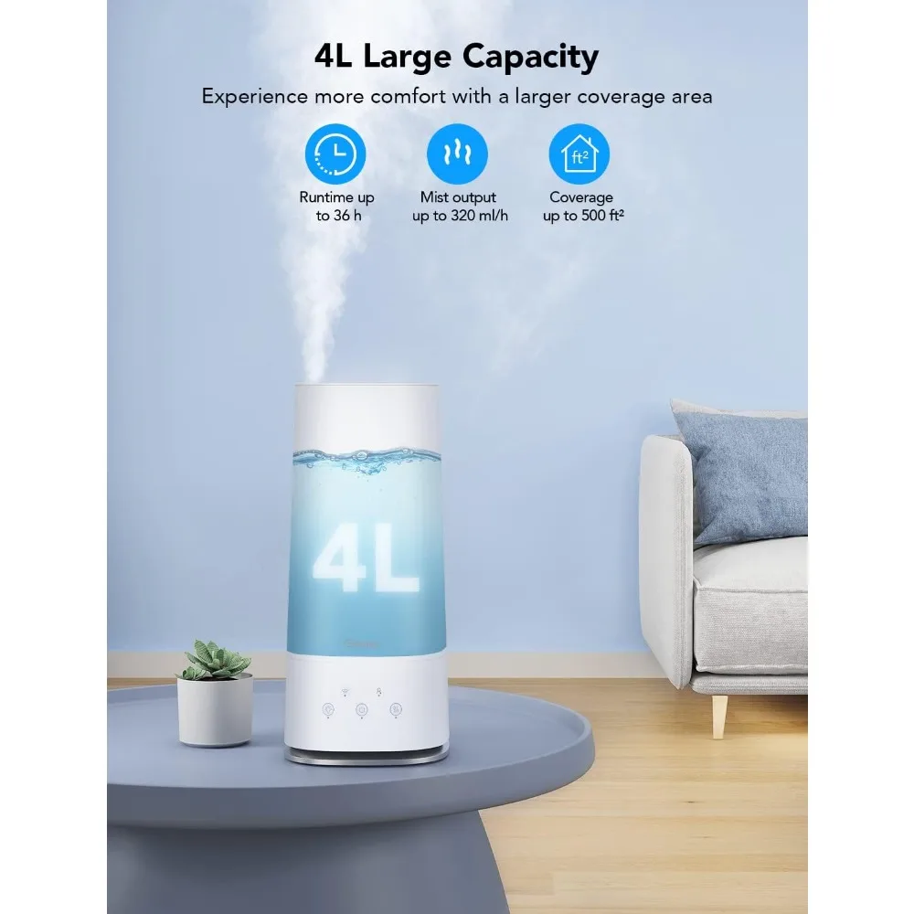4L Smart Humidifiers for Bedroom with Hygrometer Thermometer, Top Fill Cool Mist Humidifier, WiFi Voice & Remote Control