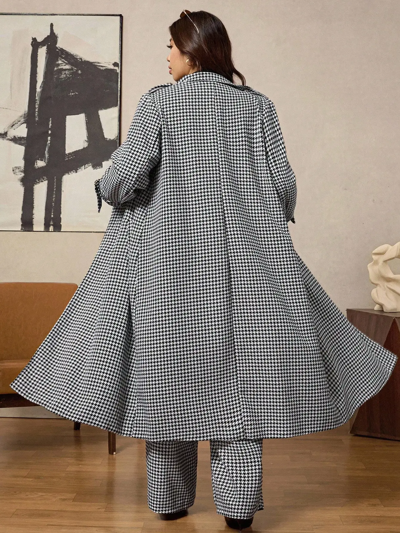 بدلة بليزر بنقشة هاوندستوث مع بنطلون واسع للنساء ذوات المقاسات الكبيرة، زي مكتبي غير رسمي للشتاء والخريف