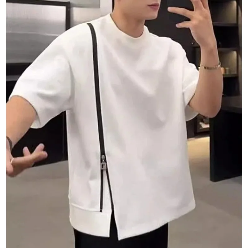 Men's Summer New Color Block Zipper Short Sleeve High Grade Split Hem Fashion Personalized Crew Neck T Shirt