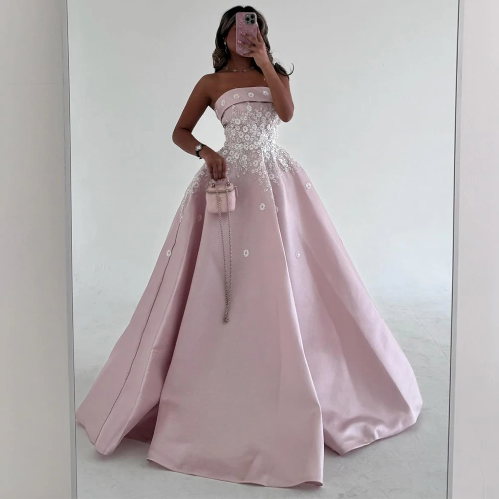 

Dreamy Prom Dresses 2025 Satin A-line Formal Evening Dress Pink Strapless Pattern Beads Ruched Bespoke Occasion Gown Long