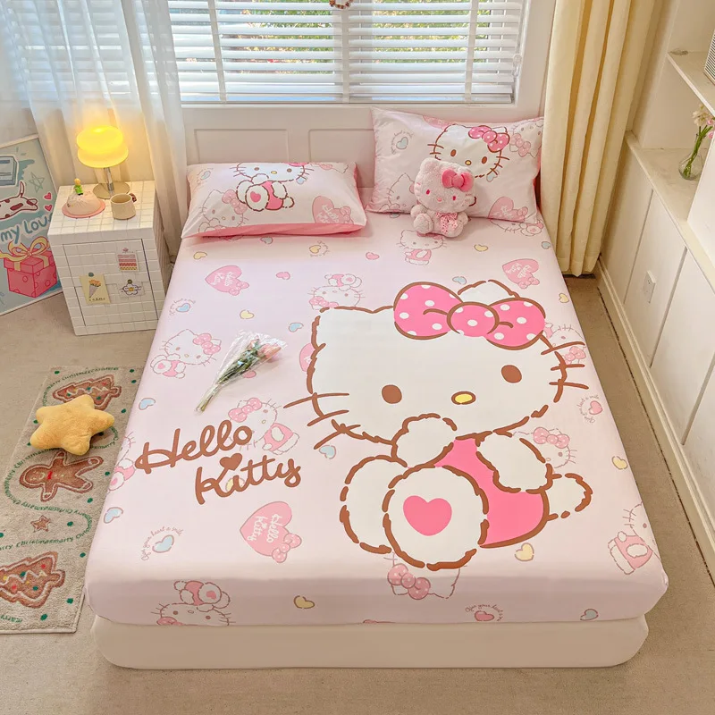 Sanrio Hello Kitty Bed Sheet Mattress Cover Cartoon Cinnamoroll Kuromi Bed Cotton Linen Fitted Sheet Bedspread For Kids Adult