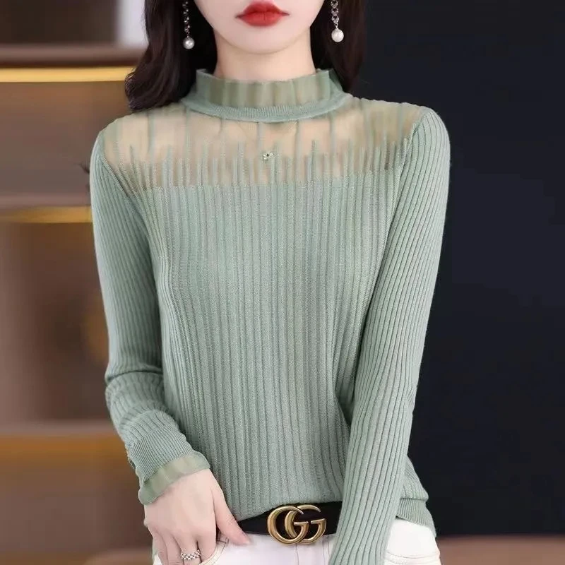 2023 Women Korean Fashion Sexy Mesh Patchwork Knitwears Female Ruffle Solid Long Sleeve Slim Basic Pullover Tops Elegant Jumpers