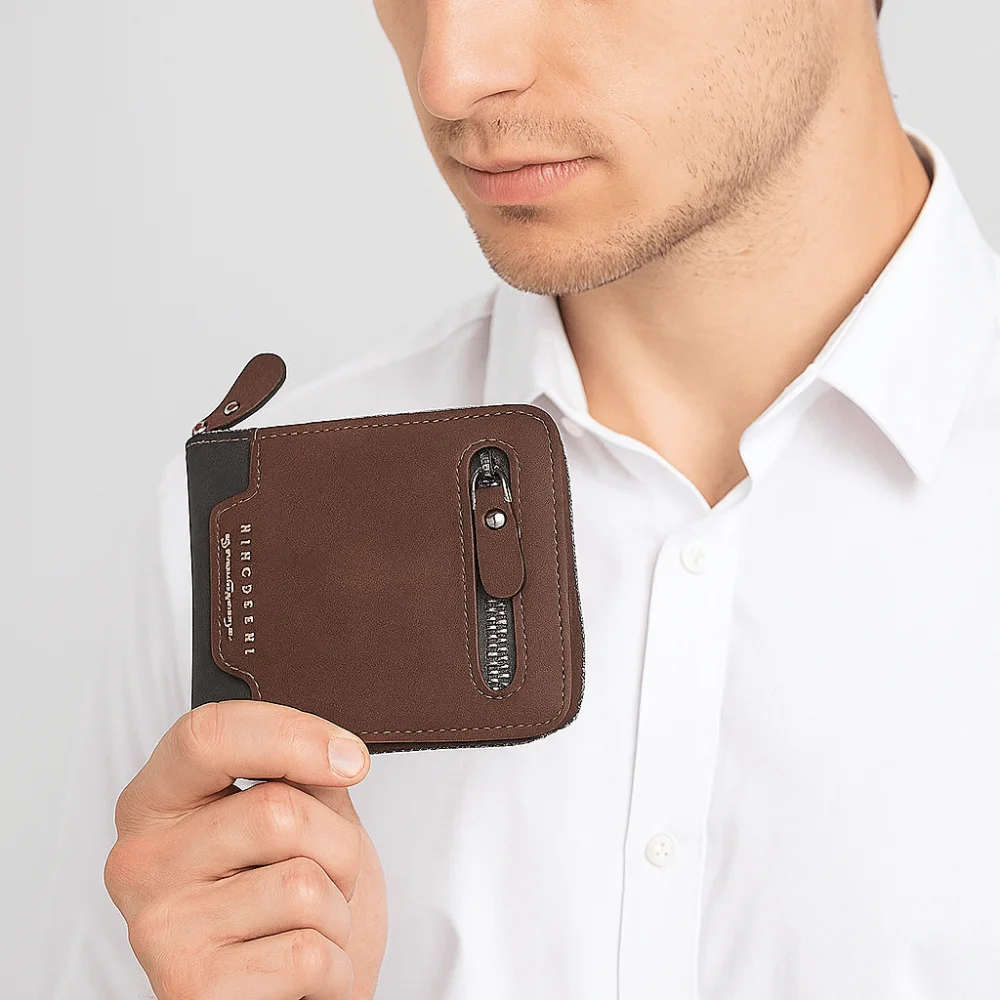Portable Multi-position Men's Short Wallet Thin Large Capacity PU Leather Coin Purse Zipper Multi-function Card Holder Gift