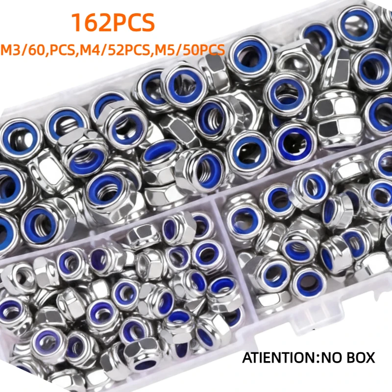 162/207/217/227/235Pcs 304 Stainless Steel Nylon Lock Nuts Assortment M3 M4 M5 M6 M8 M10 M12 Metric Hex Nylock Nut Set Kit