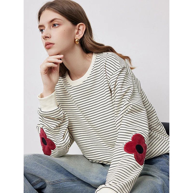 Toyouth Women Sweatshirt 2023 Autumn Long Sleeve O Neck Loose Hoodie Black and White Stripes Flower Embroidery Casual Tops