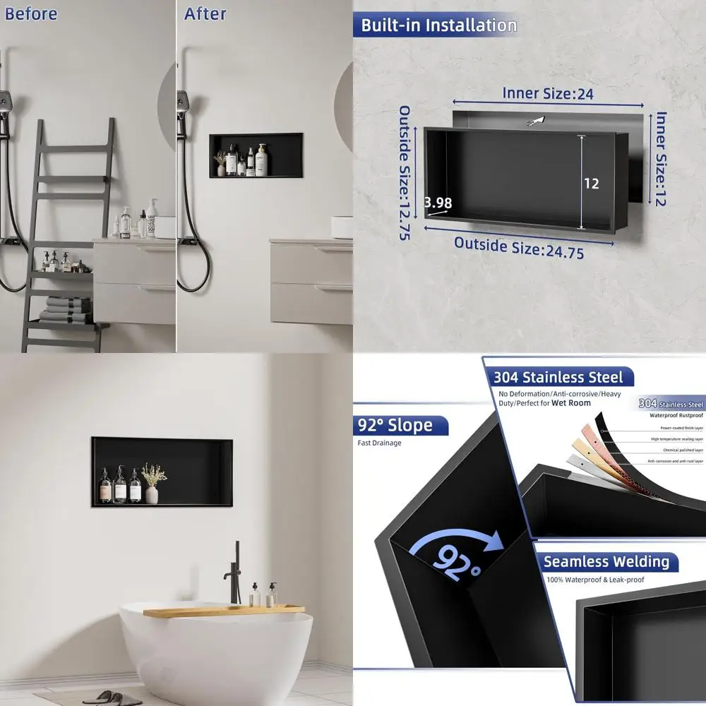 

Black Stainless Steel Recessed Shelf, 24x12x4, Waterproof for Bathroom and Shower Wall Mount