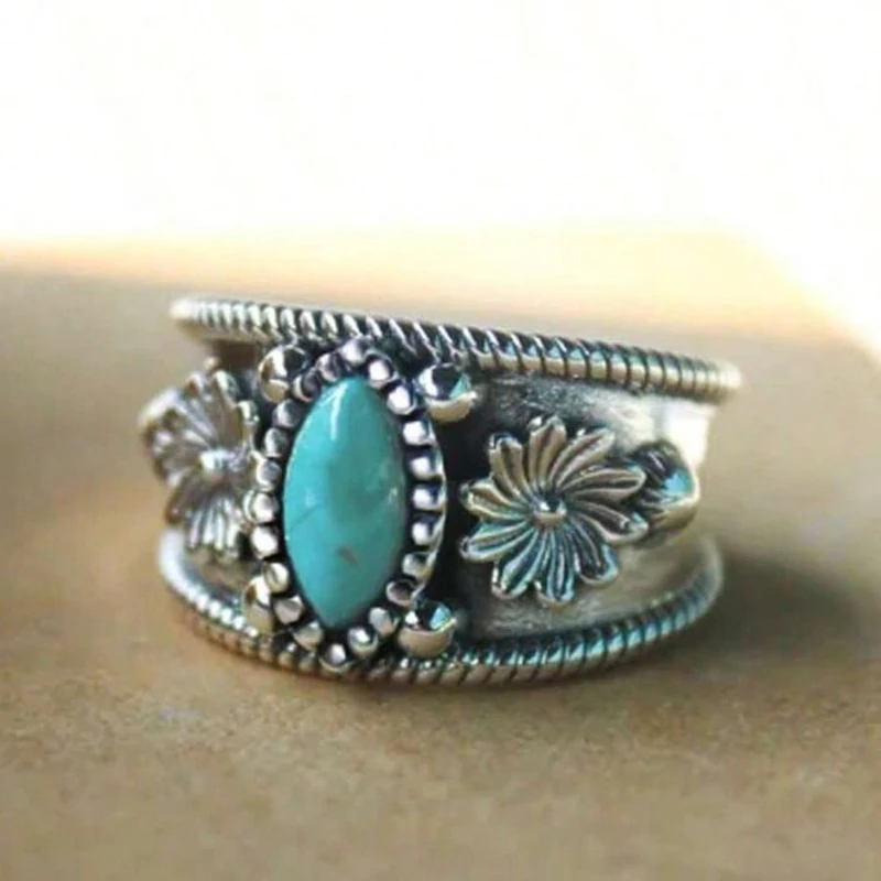 Bohemian Retro Carved Pattern Imitation Turquoise Wide Face Ring, Women's Personalized Trendy Ethnic Style Holiday Accessory