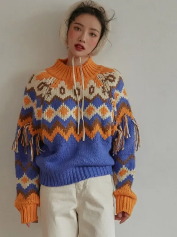 

Chic Retro Cisas Tassel Trim Knit Sweater Women's Overhead Faionable Contrast Color Decoration Warm Sweet Sle Sweater