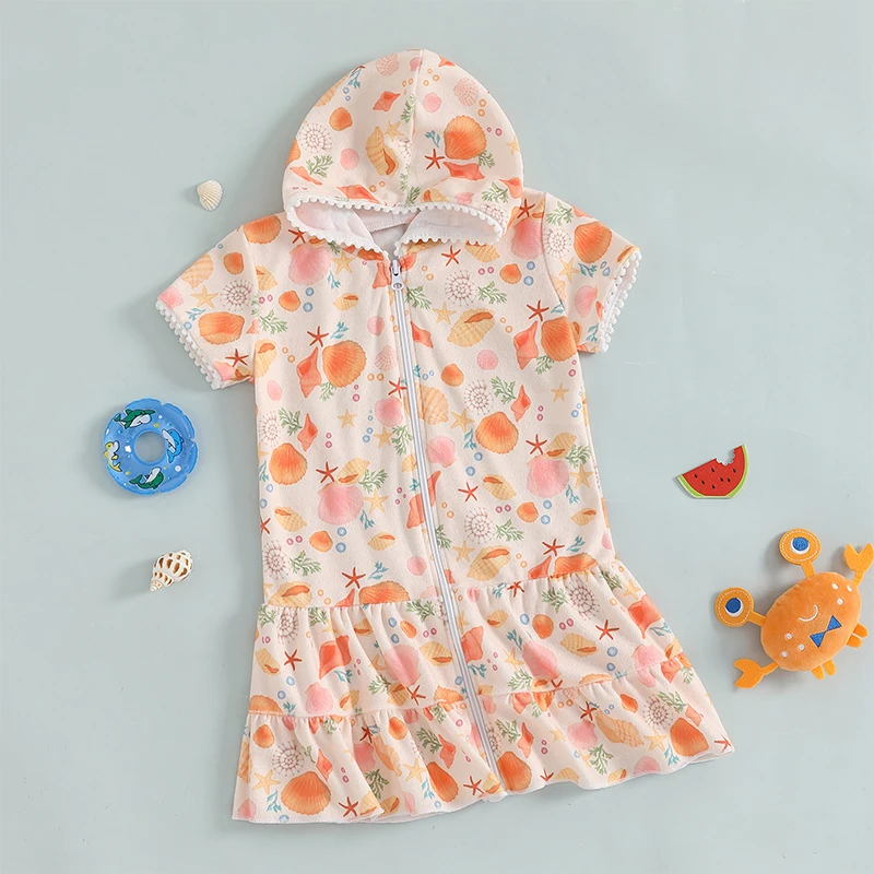 

1-6Years Kids Girls Swim Cover-ups Marine Biological Cartoon Print Short Sleeve Hooded Dress Toddler Infant Zip-Up Beach Robe
