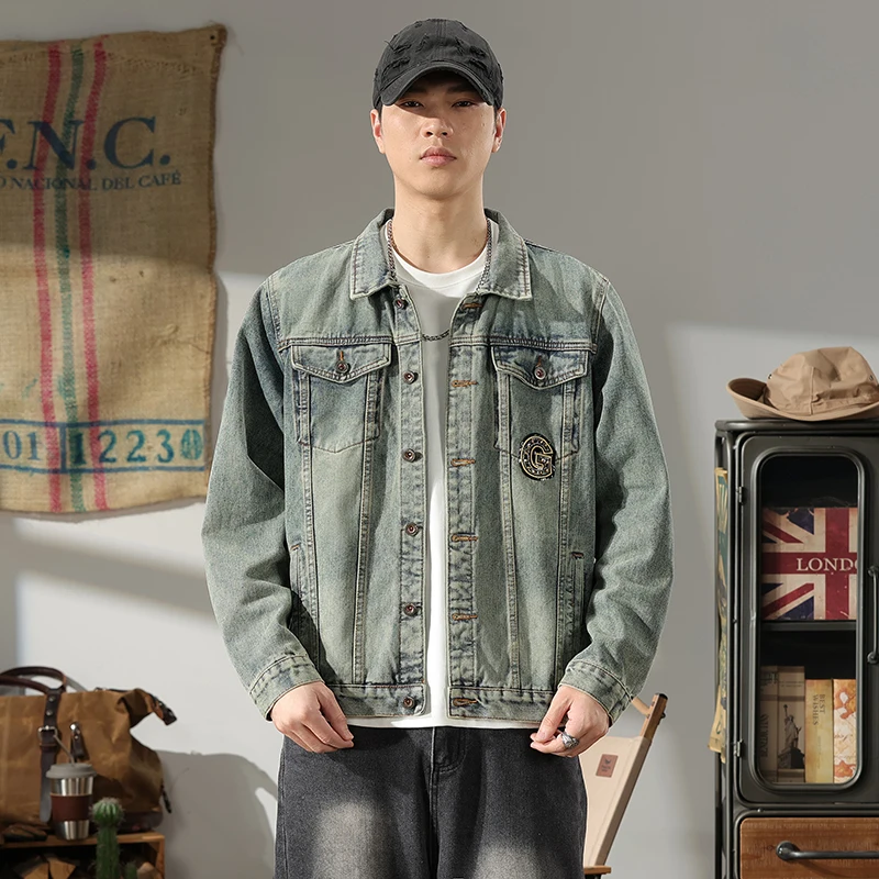 New embroidered retro cowboy coat men fashion straight tube motorcycle casual water washable versatile work clothes denim top