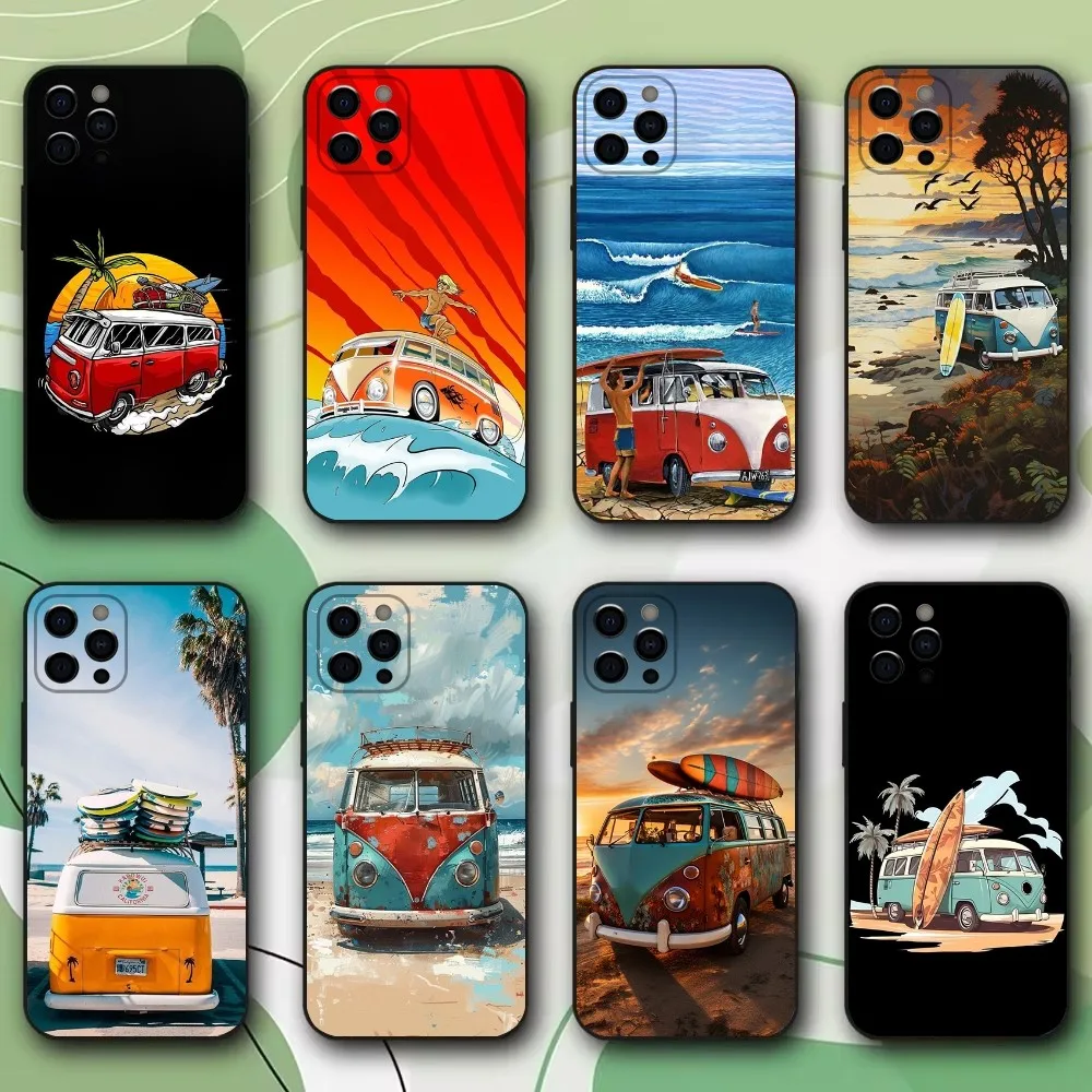 Combi Van Surf Phone Case For iPhone 15,14,13,12,11,Pro,X,XS,Max,XR,Plus,Mini Soft Black Cover