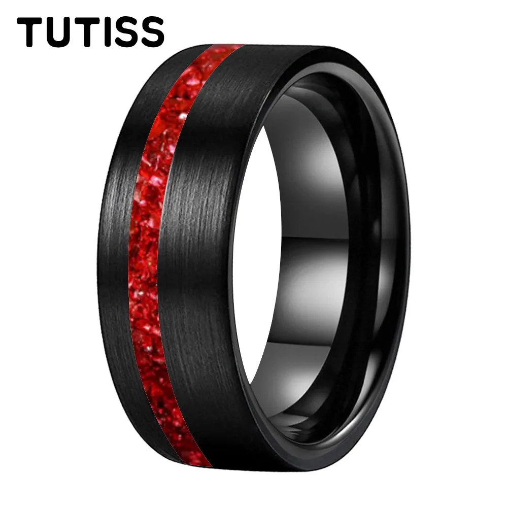 

TUTISS 6/8mm Brushed Offset Groove Inlaid Red Glass Stone Tungsten Carbide Ring, Couple Ring, Anniversary Commemorative Ring