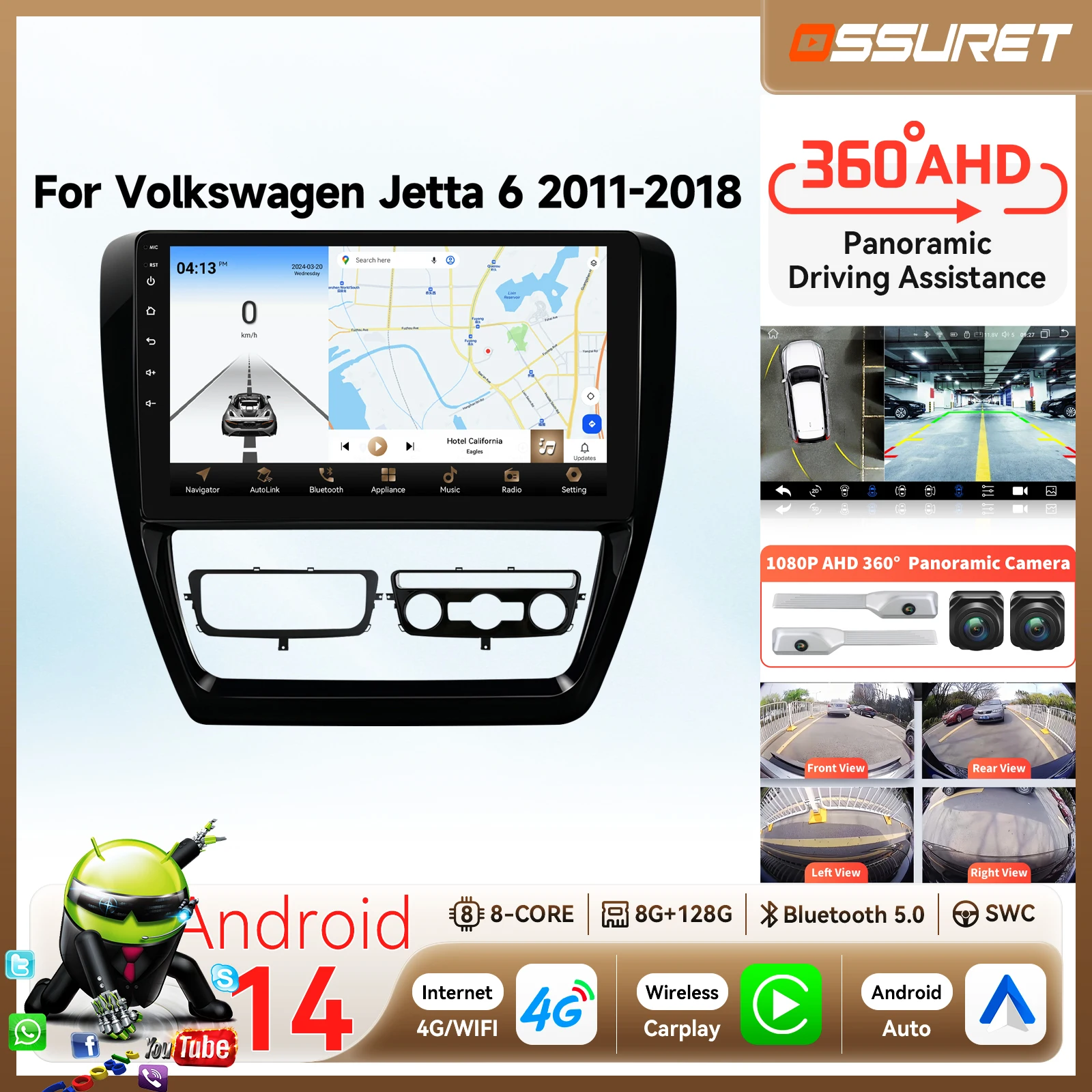 Android 14 Auto Radio Multimedia Player for Volkswagen VW Jetta 6 2011-2018 with GPS Carplay Smart 360 Cam And BT Car Systems
