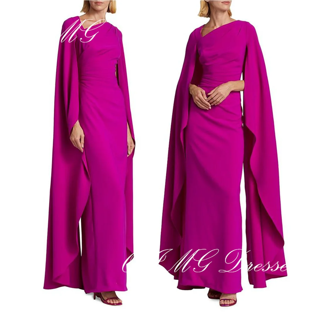 

OIMG Irregular Neckline Long Sleeves Prom Dresses Mermaid Women Satin Vintage Fuchsia Elegant Evening Gowns Formal Party Dress