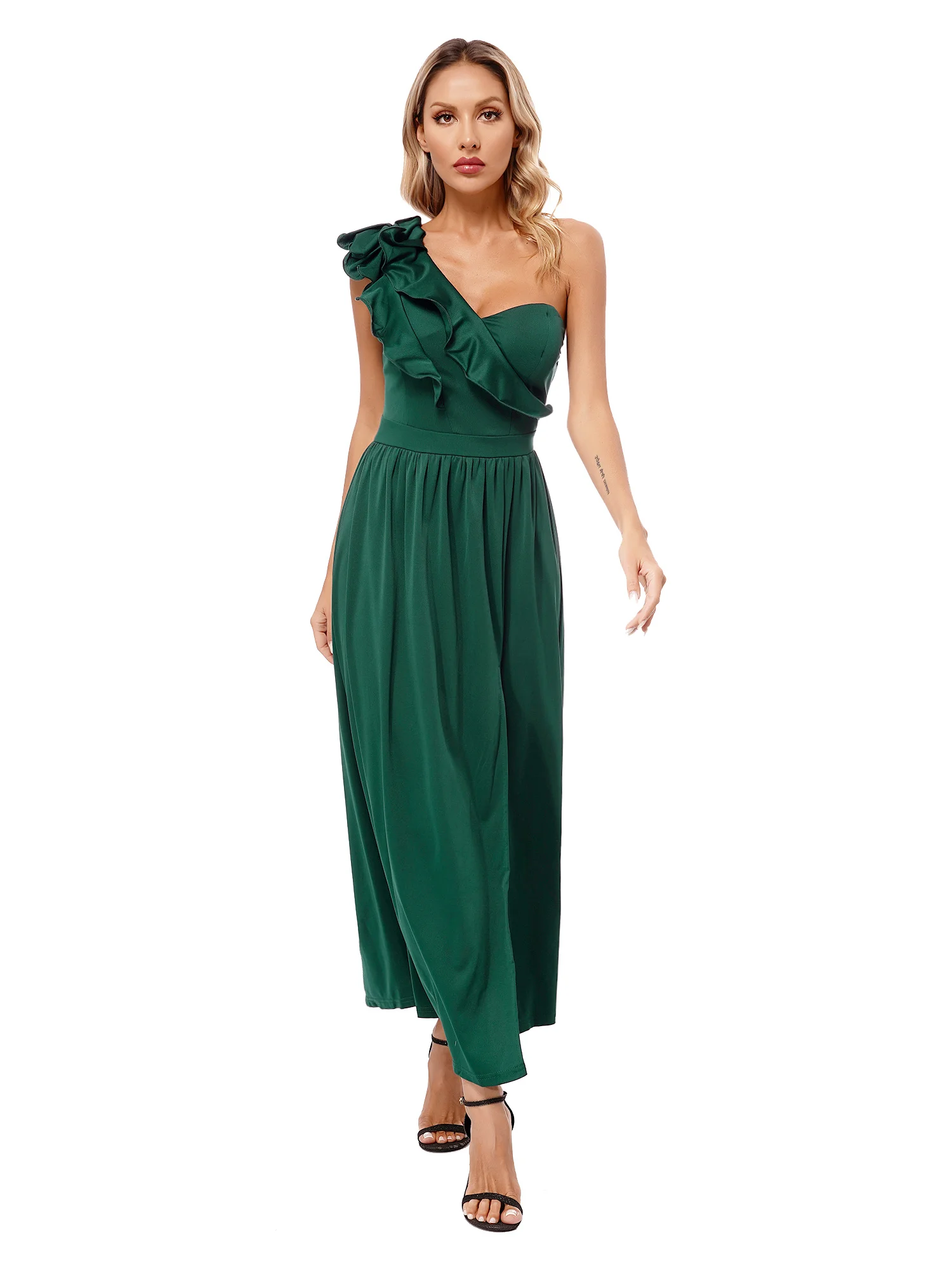 Sleeveless One Shoulder Ruffle Dress High Waist Side Split Maxi Gown Elegant Solid Evening Cocktail Prom Formal Party Dress