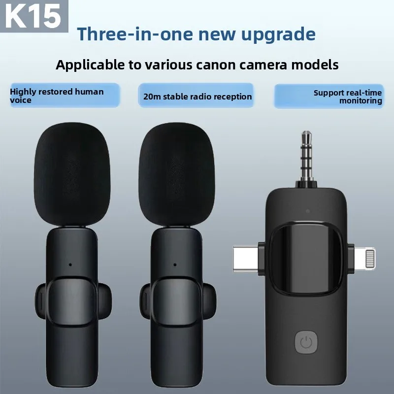 Three-in-One Wireless Live Microphone K15, One for Two Outdoor Live Microphone, Shoot and Receive Radio