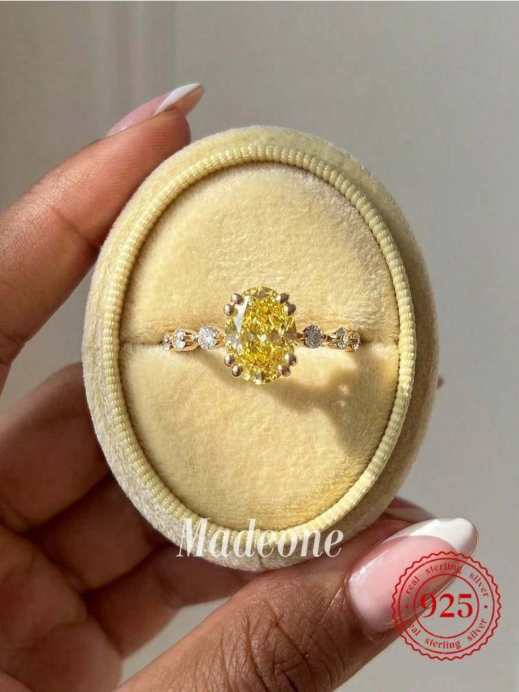 925 Sterling Silber funkelnder gelber ovaler Zirkon-Ring für Frauen, Verlobung, Hochzeit, luxuriöser, modischer, hochwertiger, edler Schmuck