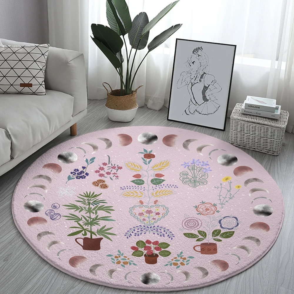 Moon Phase Flower Round Rugs House Sofa Carpet Home Living Room Bedroom Bathroom Floor Mats Print Decorate Carpet