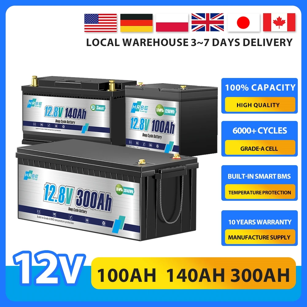 

12V 300Ah 140Ah 100Ah Lithium LiFePO4 battery,8000+ Deep Cycle Lithium Batteries for Trolling Motor,RV,Truck, Kayak,Solar Panel