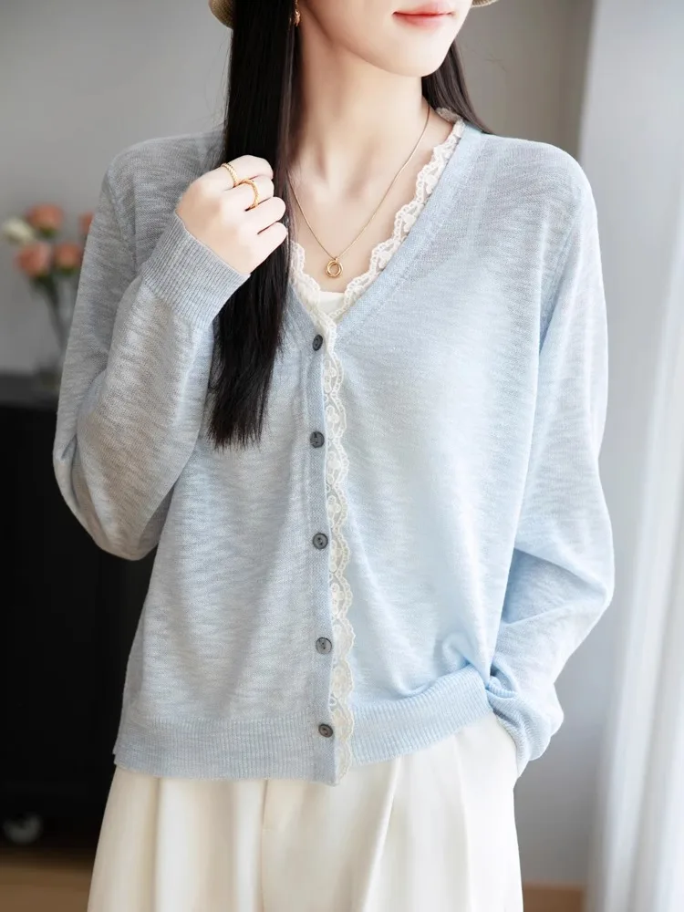 Sweet Sle Cardigan da donna con protezione solare in rayon di bambù V-Ne lavorato a maglia leggera Cappotto lungo a tubo dritto con vestibilità primaverile