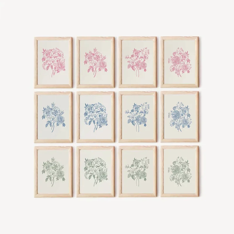

Pink Blue Green Line Flower Art Poster Beautiful Chinese Bouquet Plant Minimalist Canvas Painting Bedroom Living Room Wall Art