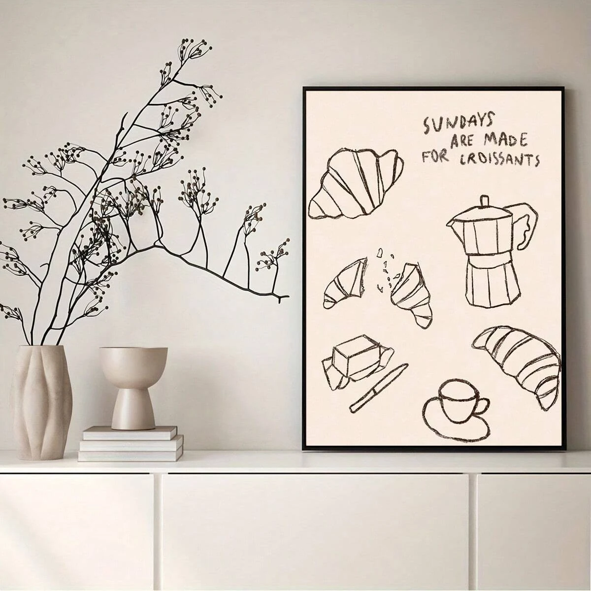 ملصق فني من القماش الكلاسيكي للإفطار، ديكور جدار المطبخ بدون إطار مع الخبز، مطبوعات كرواسون وعاء القهوة، مثالي لغرفة النوم، #4