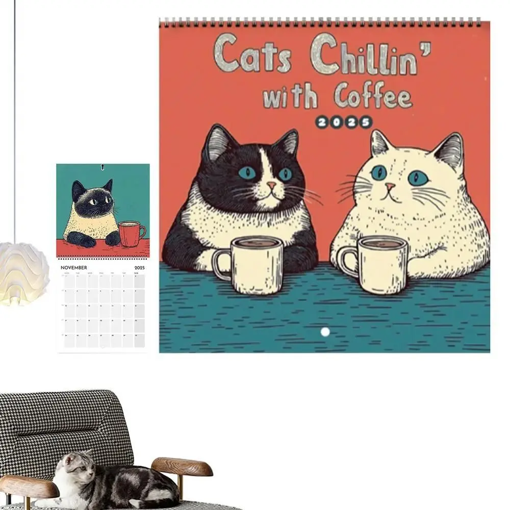 

Creative Cat Design Cats and Coffee Wall Calendar Hangable Cartoon Charming Cat Calendar Cute 2025 Wall Calendar Family Planner