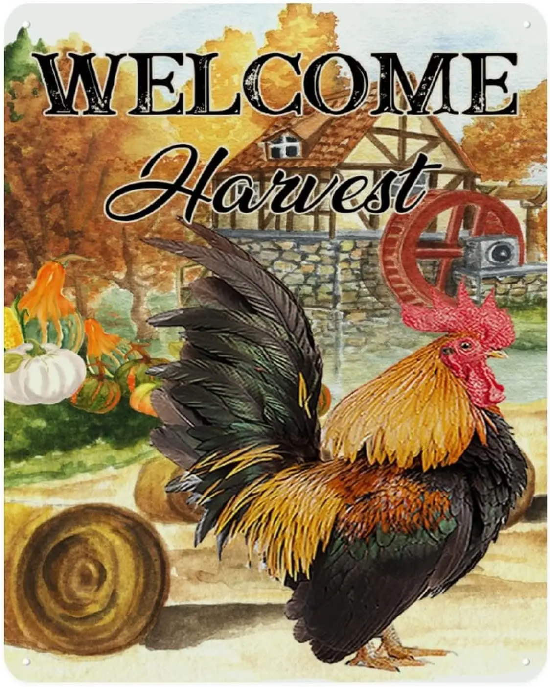 Welcome Harvest Chicken Metal Sign Gnome Fall Leaves Tin  Rust-Proof Windproof Antique Wall Decoration for Coffee Hom