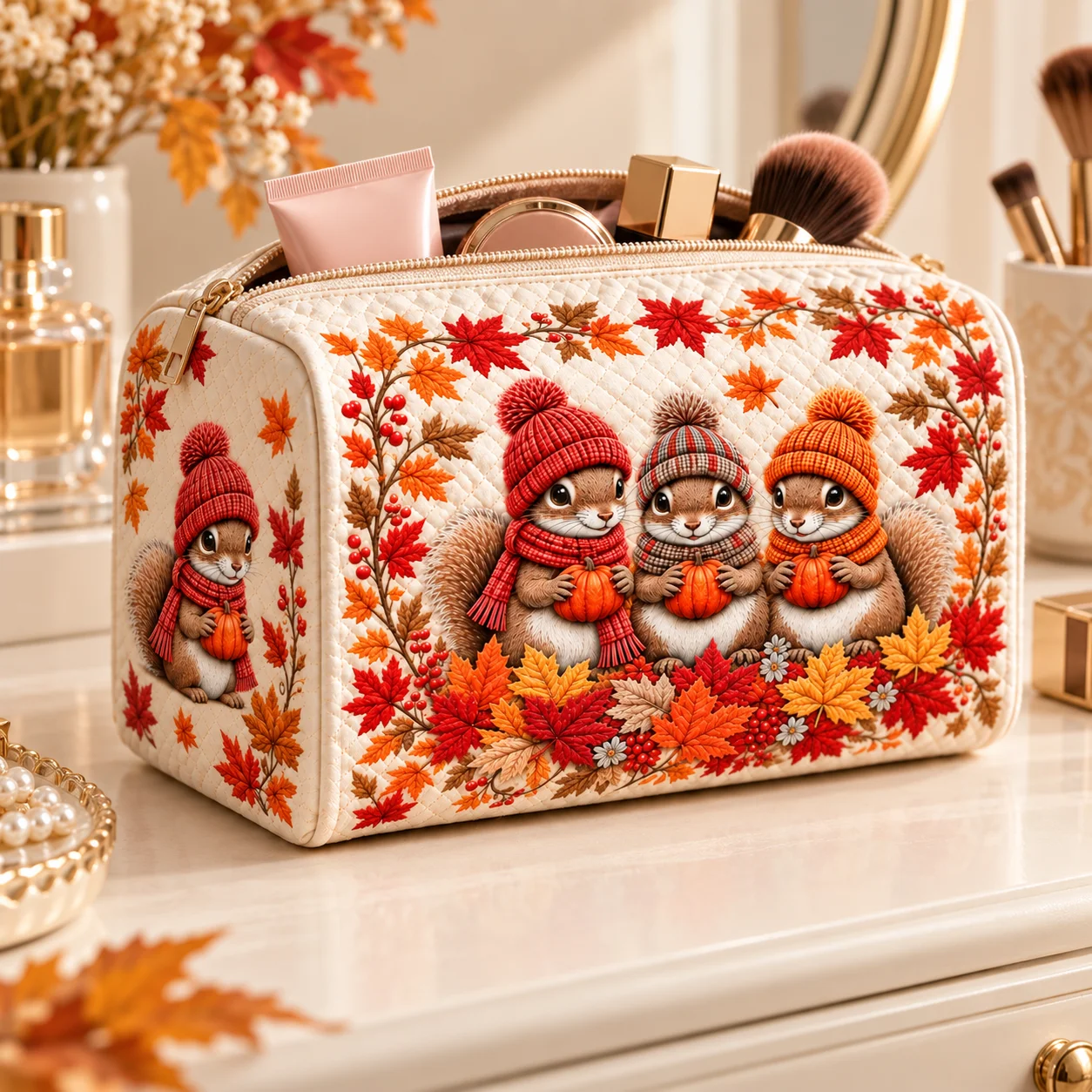 Squirrel Print Cosmetic Bag Quilted Makeup Organizer Portable Toiletry Pouch Large Capacity Zipper Travel Storage Case for Women