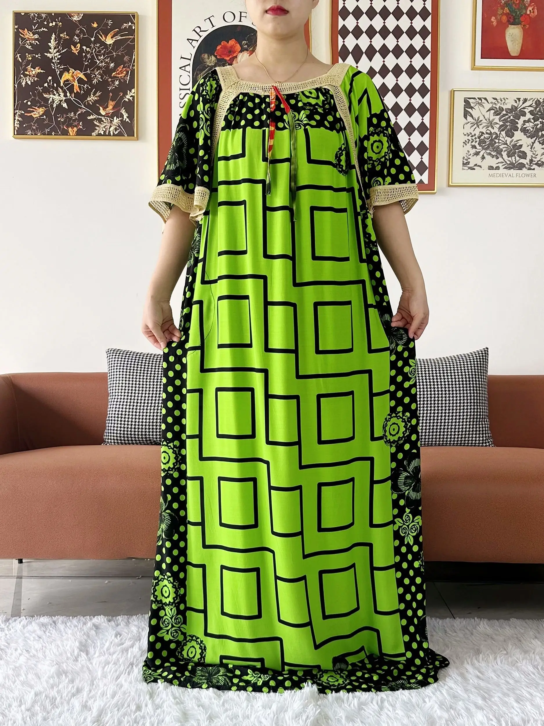 2024 New Muslim Women Short Sleeve Dashiki Dress Lace Embroidered Floral Boubou Maxi Islam Women Dress African Abaya Clothes