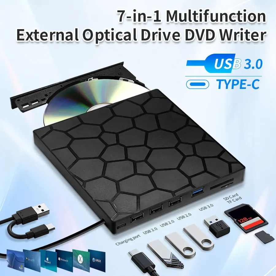 

7-in-1 Portable DVD Player External CD DVD Drive USB 3.0 & Type C Burner for Desktop Mac Windows Multimedia External Disk Drive