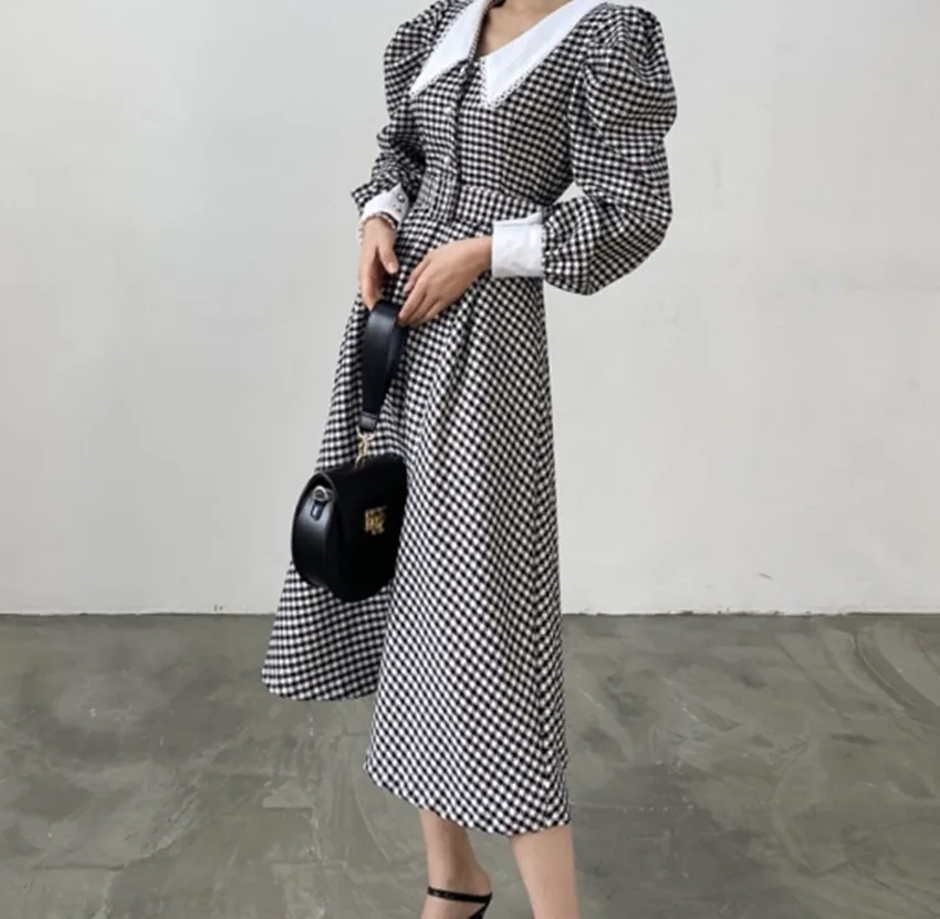 Elegant Korean Autumn Plaid Lapel Neck A Line Dress Chic Women Peter Pan Collar Puff Sleeve Pearls Button Belt Long Vestidos