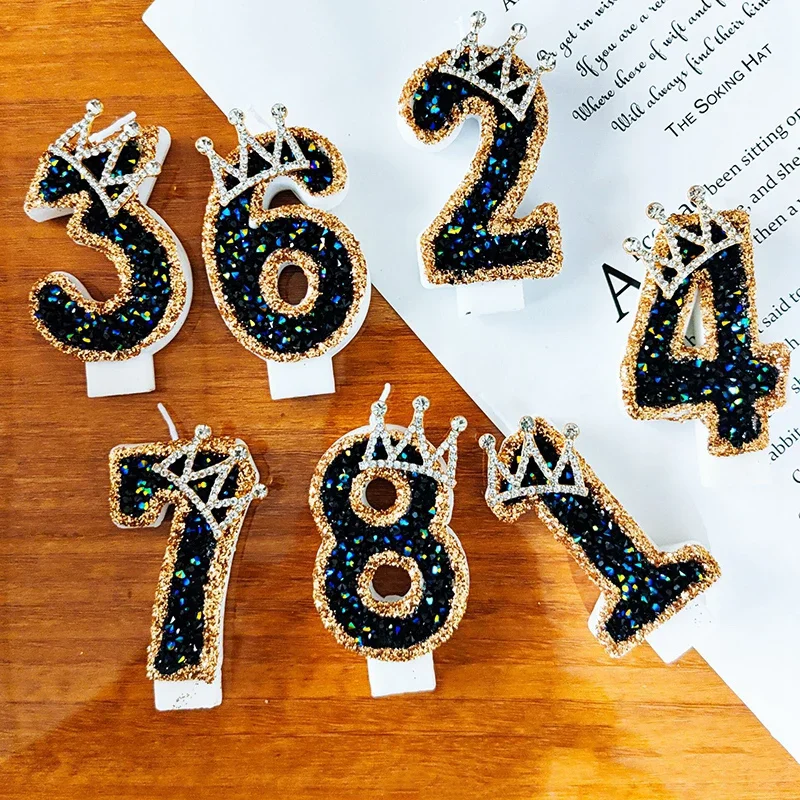 Diamond Black Birthday Number Candles Digital 0-9 Dessert Cake Topper Adults Kids Birthday Party Decoration Faovors Supplies DIY