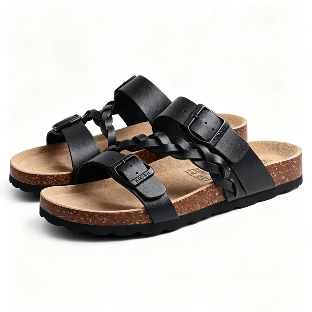 Shevalues Women's Cork Footbed Sandals with Arch Support Slip-On Beach Slippers Fashion Leather Sandals With Adjustable Buckle