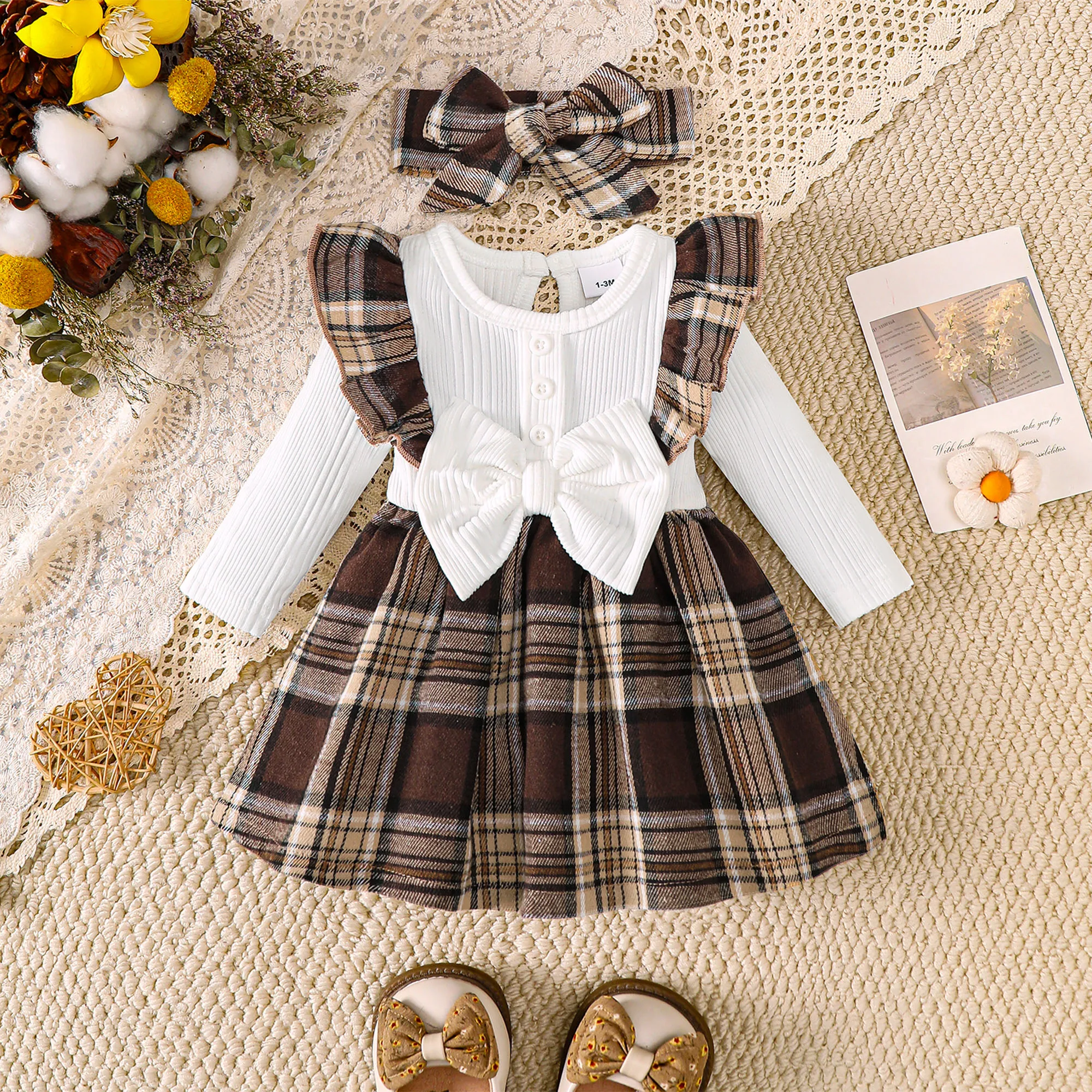 Baby Girls 2Pcs Plaid Dress Set Cute Suspender Dress Outfit With Matching Headband Autumn Newborn Infant Clothes 1-18 Months