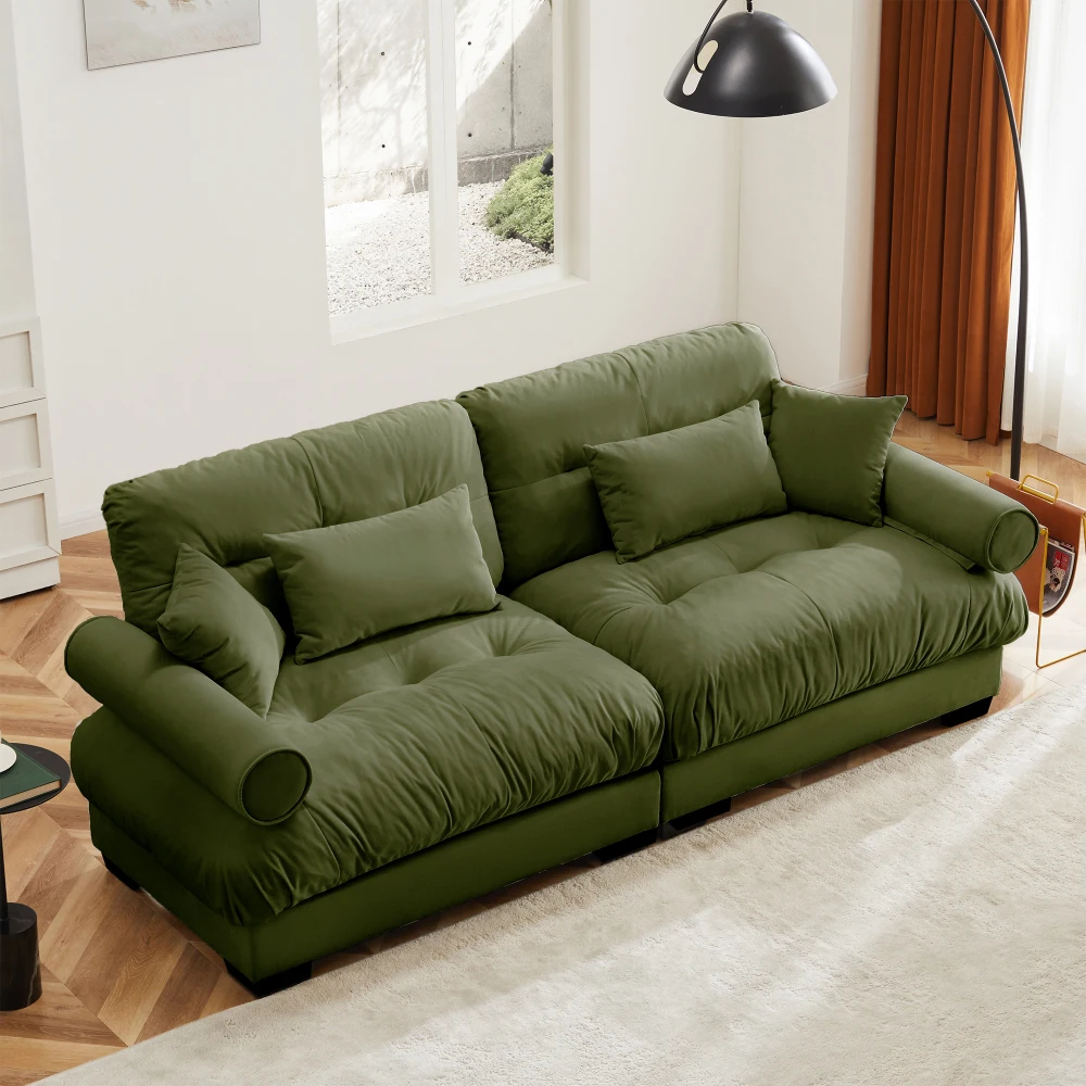 

Large Modern 2-Seater Velvet Sofa with Bolstered Arms, Waist & Throw Pillows - Olive Green, For Living Room/Loft/Bedroom/Hallway