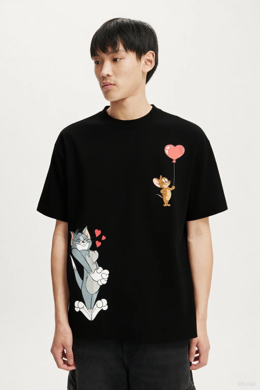 

Хлопковая футболка «Том и Джерри» Романтический Том с сердечками и Джерри с принтом воздушного шара в виде сердца Классический мультяшный дизайн из чистого хлопка для фанатов