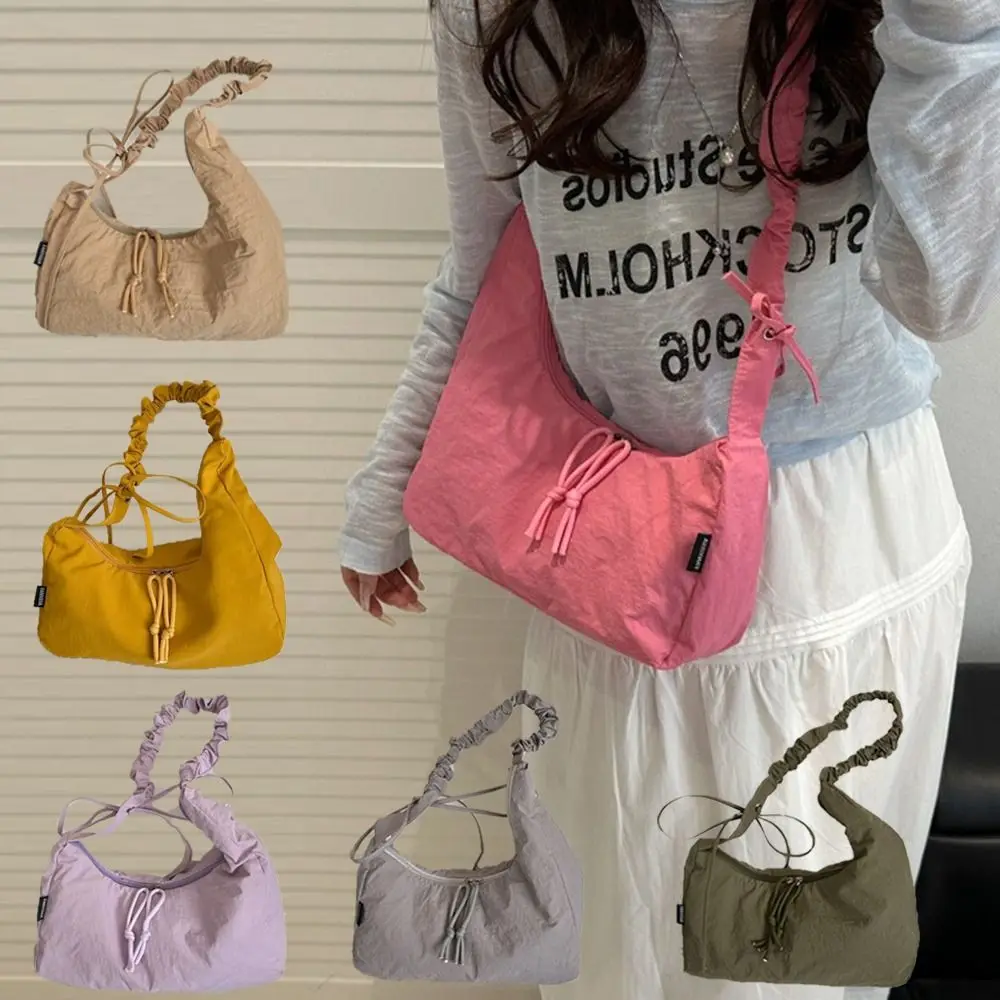 

Trendy Lightweight Pleated Dumpling Bag Nylon Large Capacity Drawstring Bag Casual Solid Color Women's Shoulder Bag Ladies