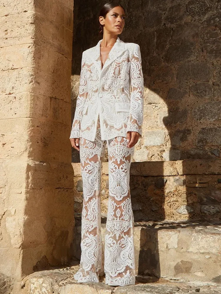 Handmade Mesh Embroidered Sequin Pants Set White New Designer Sequin Suit Coat and Pants Set Two Pieces Blazer Pants Punk Suit