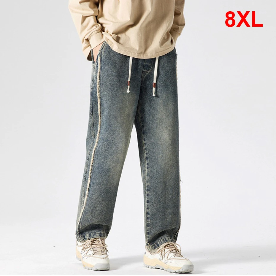 

Vintage Denim Pants Men Elastic Waist Jeans Plus Size 8XL Fashion Straight Pants Male Trousers Big Size 8XL