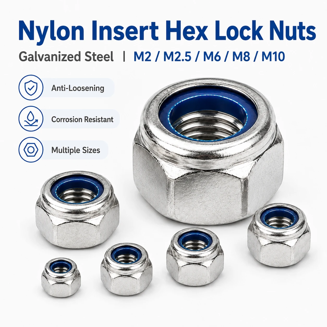 50-200Pcs M2-M10 Galvanized Carbon Steel Hexagon Lock Nuts, Nylon Insert Self-Locking Nuts Kit Nyloc Fastener Hardware