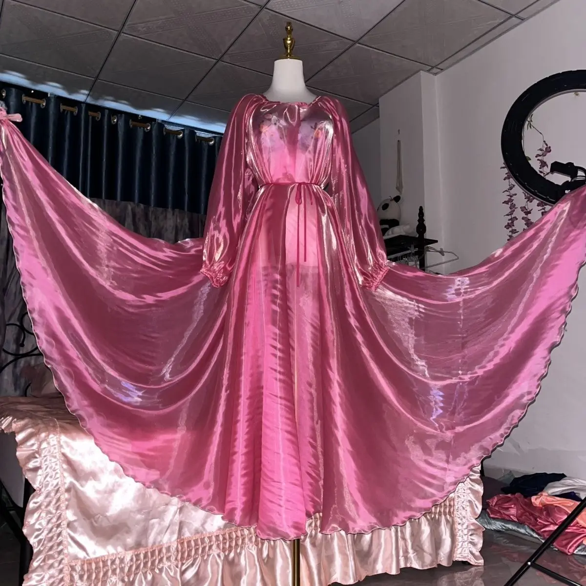 

Unisex Gauze Voile Glossy Women Satin Long Maxi Dress Pullover Elegant Dresses Sleeping Wear